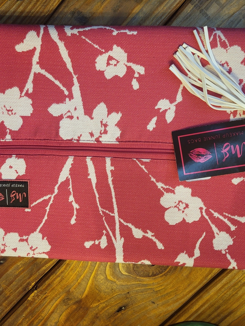 Mango Pink Floral Zip Cosmetic Pouch with Cream Blossom Print